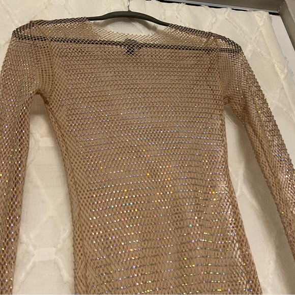 NWOT Nude Mesh/Netted Bodycon Long-sleeve Mini Dress w/ Rhinestones | Size Small - Picture 3 of 6